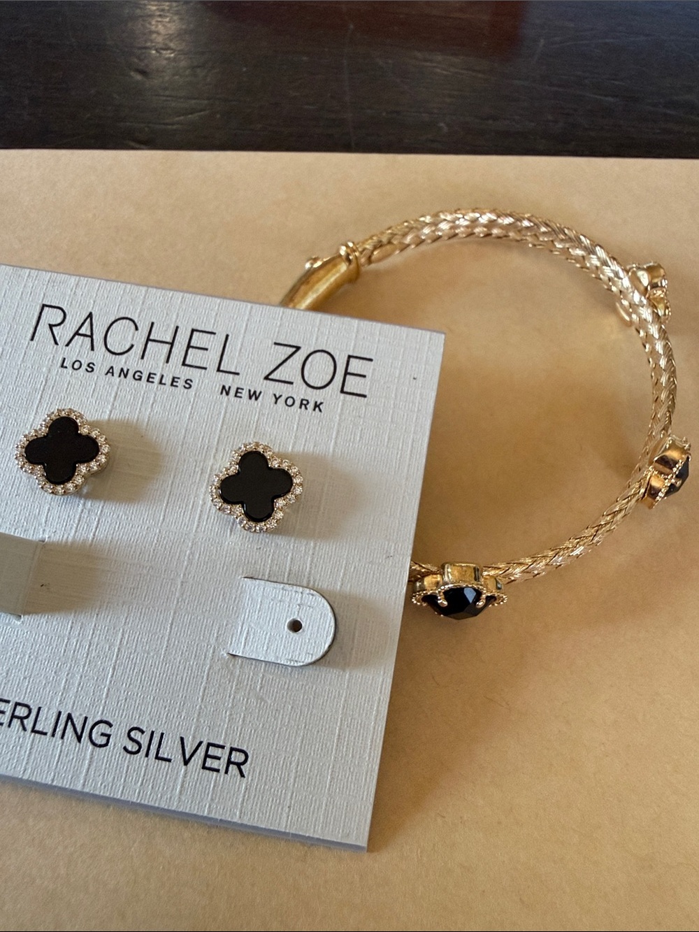 Rachel Zoe Gold Tone Bracelet and Black Stud Earrings Set